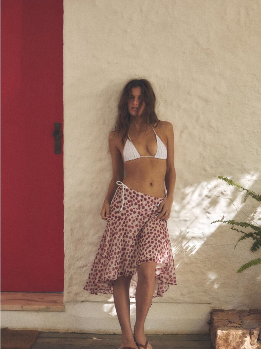 Zara White and Red Floral High-Low Wrap Skirt